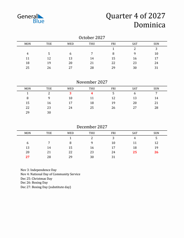 Quarter 4 2027 Dominica Quarterly Calendar