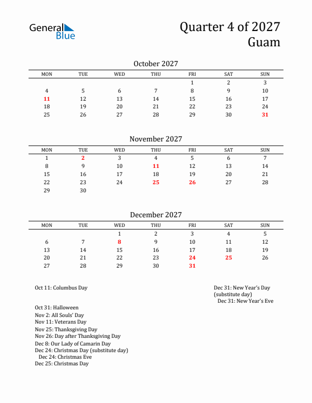 Quarter 4 2027 Guam Quarterly Calendar