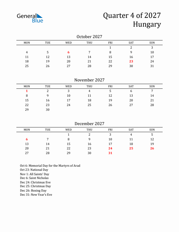 Quarter 4 2027 Hungary Quarterly Calendar