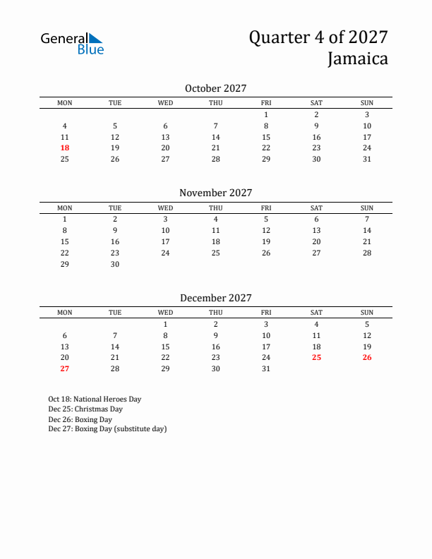 Quarter 4 2027 Jamaica Quarterly Calendar