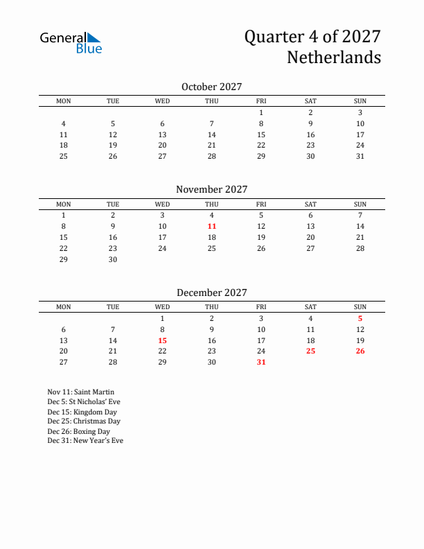 Quarter 4 2027 The Netherlands Quarterly Calendar