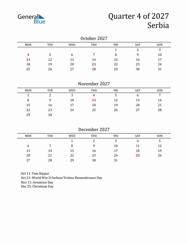 Quarter 4 2027 Serbia Quarterly Calendar