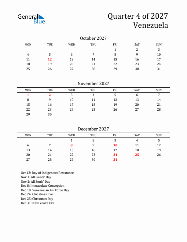 Quarter 4 2027 Venezuela Quarterly Calendar