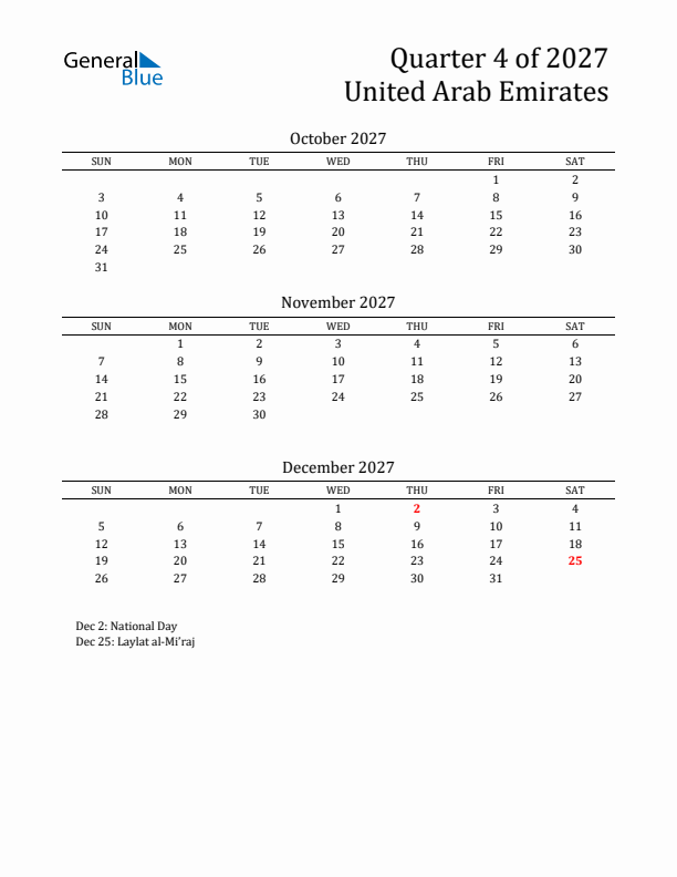 Quarter 4 2027 United Arab Emirates Quarterly Calendar