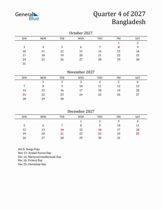 Quarter 4 2027 Bangladesh Quarterly Calendar