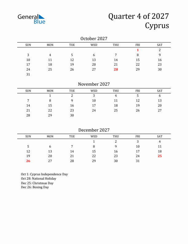 Quarter 4 2027 Cyprus Quarterly Calendar