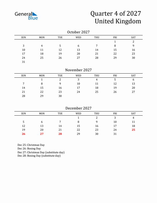 Quarter 4 2027 United Kingdom Quarterly Calendar