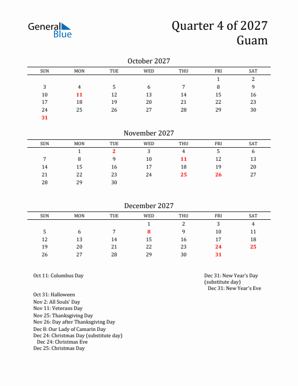 Quarter 4 2027 Guam Quarterly Calendar