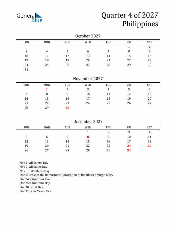 Quarter 4 2027 Philippines Quarterly Calendar