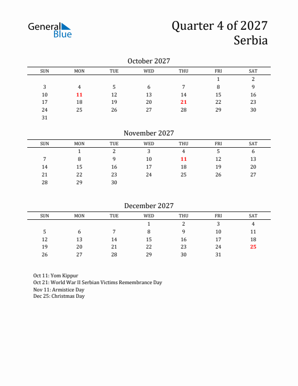 Quarter 4 2027 Serbia Quarterly Calendar