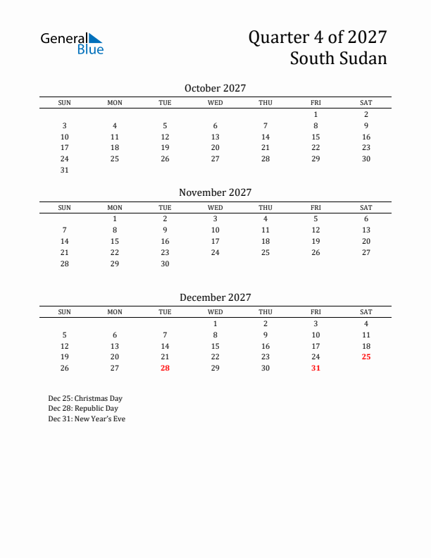 Quarter 4 2027 South Sudan Quarterly Calendar