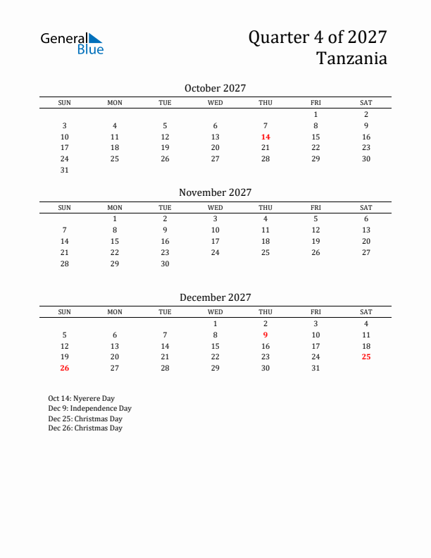 Quarter 4 2027 Tanzania Quarterly Calendar