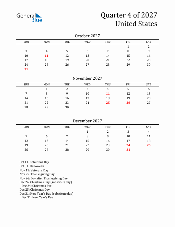 Quarter 4 2027 United States Quarterly Calendar