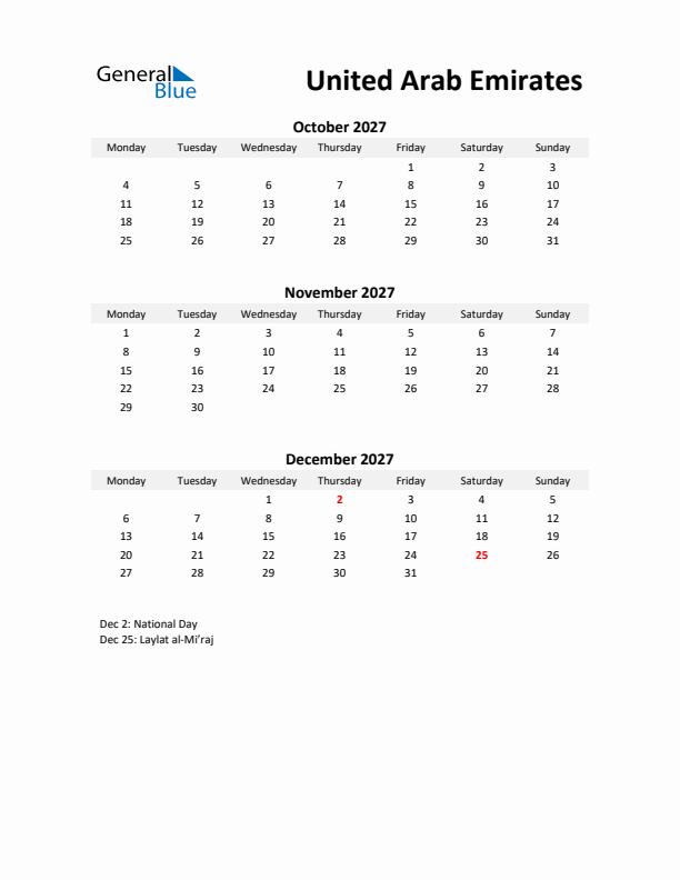 Printable Quarterly Calendar with Notes and United Arab Emirates Holidays- Q4 of 2027