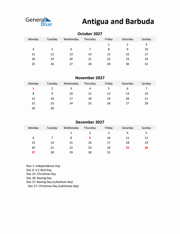 Printable Quarterly Calendar with Notes and Antigua and Barbuda Holidays- Q4 of 2027