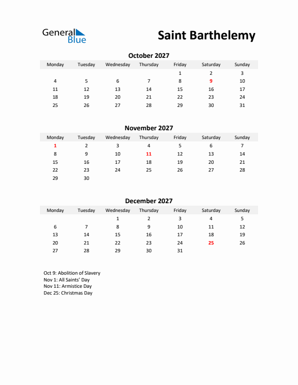 Printable Quarterly Calendar with Notes and Saint Barthelemy Holidays- Q4 of 2027