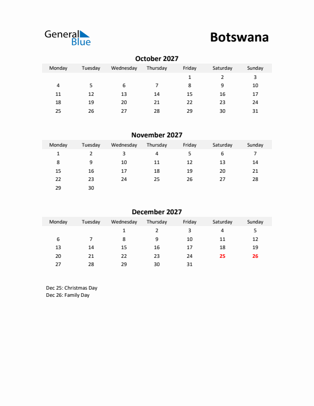 Printable Quarterly Calendar with Notes and Botswana Holidays- Q4 of 2027