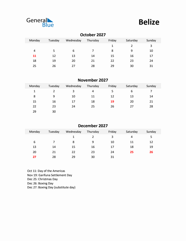 Printable Quarterly Calendar with Notes and Belize Holidays- Q4 of 2027