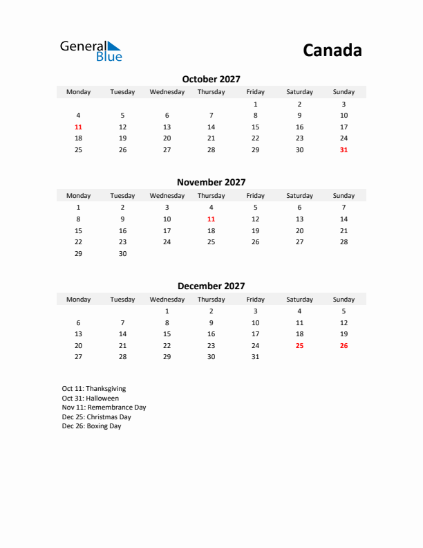 Printable Quarterly Calendar with Notes and Canada Holidays- Q4 of 2027