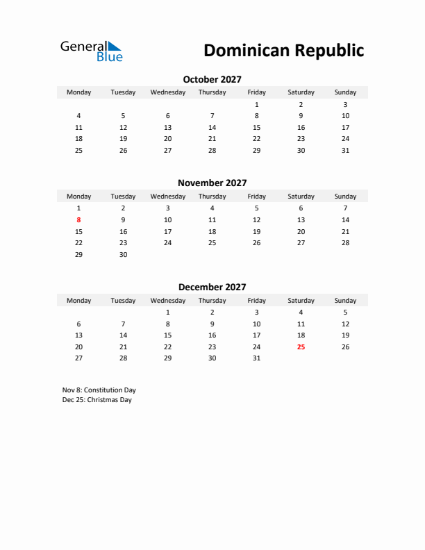 Printable Quarterly Calendar with Notes and Dominican Republic Holidays- Q4 of 2027