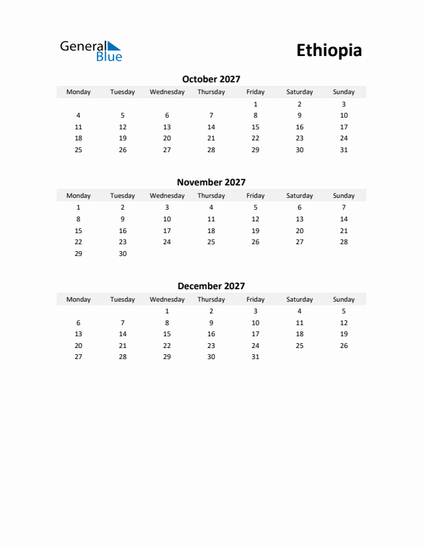 Printable Quarterly Calendar with Notes and Ethiopia Holidays- Q4 of 2027