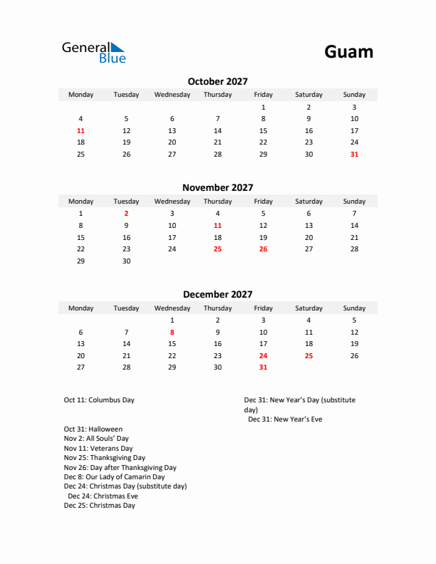 Printable Quarterly Calendar with Notes and Guam Holidays- Q4 of 2027