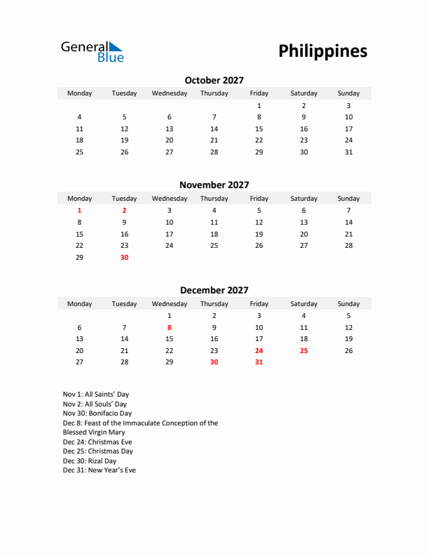 Printable Quarterly Calendar with Notes and Philippines Holidays- Q4 of 2027