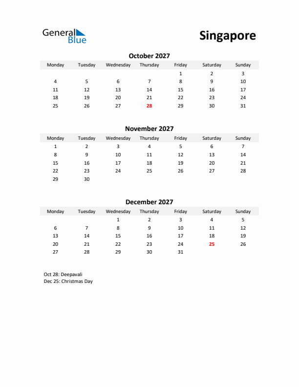 Printable Quarterly Calendar with Notes and Singapore Holidays- Q4 of 2027