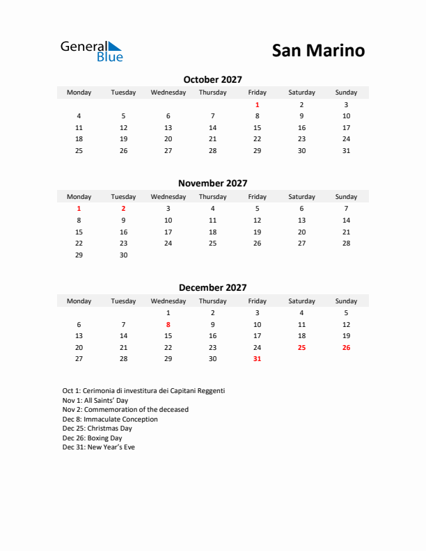 Printable Quarterly Calendar with Notes and San Marino Holidays- Q4 of 2027