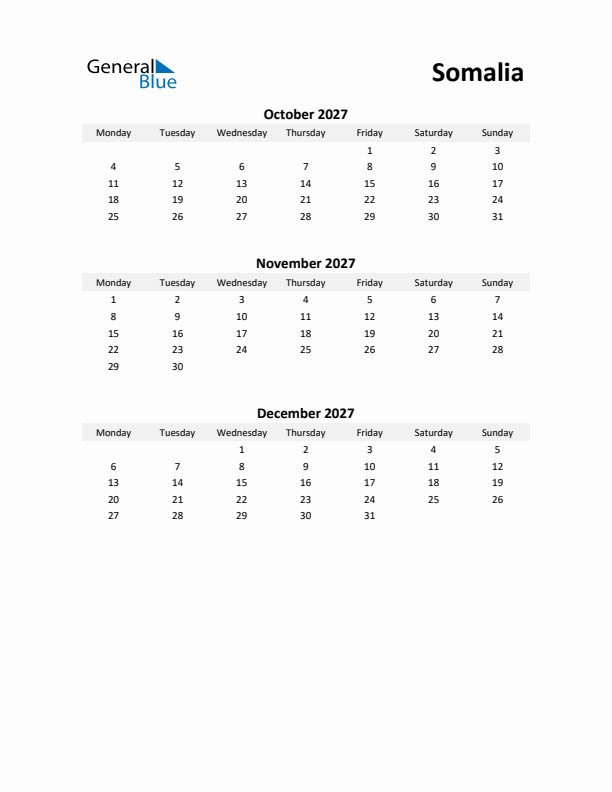 Printable Quarterly Calendar with Notes and Somalia Holidays- Q4 of 2027