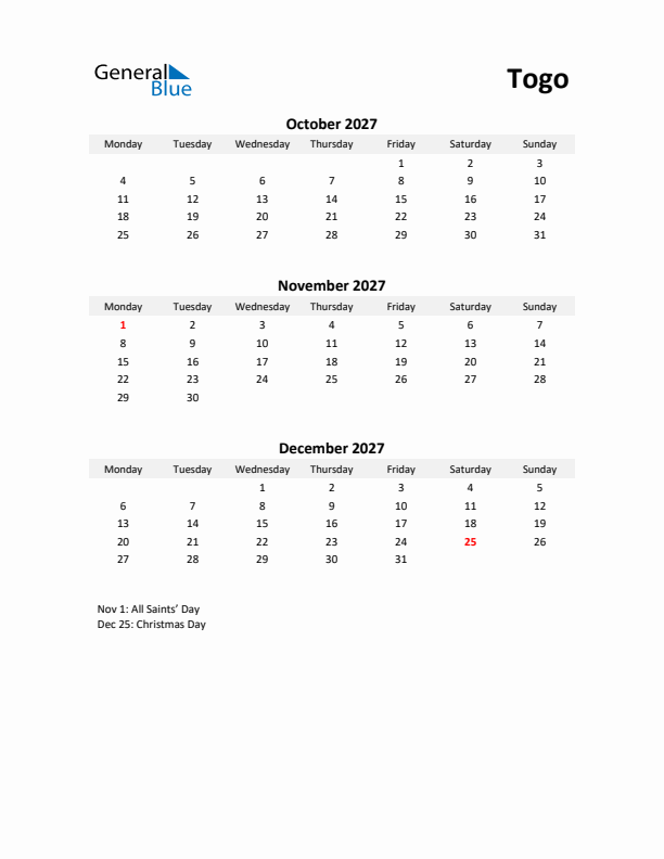 Printable Quarterly Calendar with Notes and Togo Holidays- Q4 of 2027