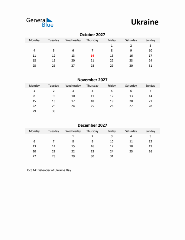 Printable Quarterly Calendar with Notes and Ukraine Holidays- Q4 of 2027