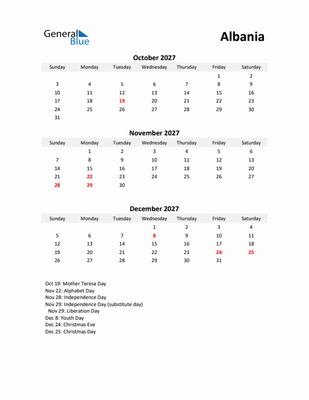 Printable Quarterly Calendar with Notes and Albania Holidays- Q4 of 2027