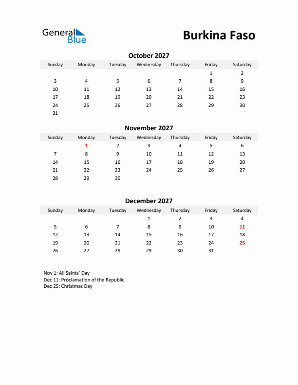 Printable Quarterly Calendar with Notes and Burkina Faso Holidays- Q4 of 2027