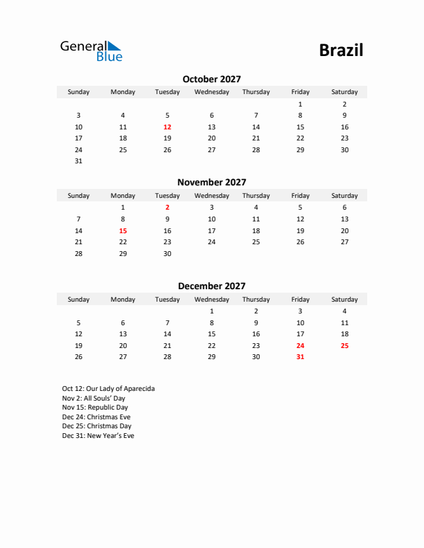 Printable Quarterly Calendar with Notes and Brazil Holidays- Q4 of 2027