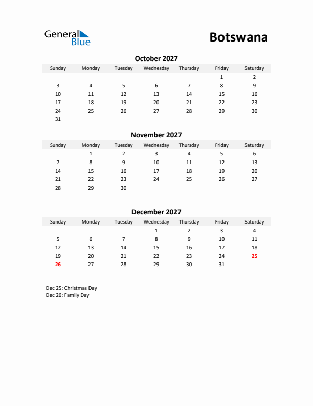 Printable Quarterly Calendar with Notes and Botswana Holidays- Q4 of 2027