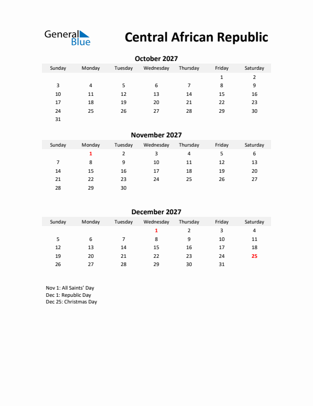 Printable Quarterly Calendar with Notes and Central African Republic Holidays- Q4 of 2027