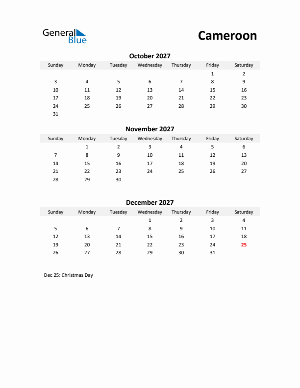 Printable Quarterly Calendar with Notes and Cameroon Holidays- Q4 of 2027