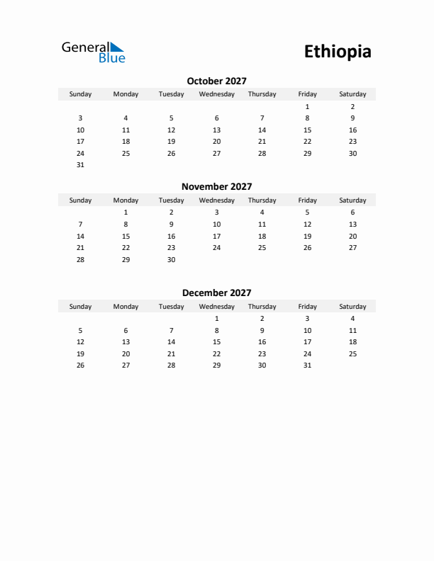Printable Quarterly Calendar with Notes and Ethiopia Holidays- Q4 of 2027