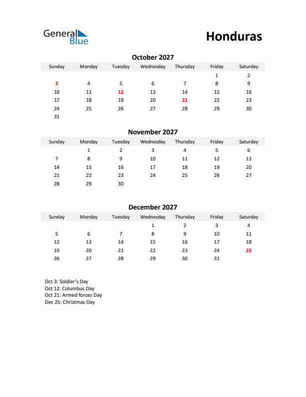 Printable Quarterly Calendar with Notes and Honduras Holidays- Q4 of 2027