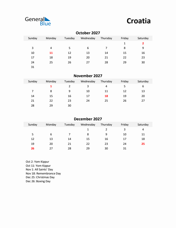 Printable Quarterly Calendar with Notes and Croatia Holidays- Q4 of 2027