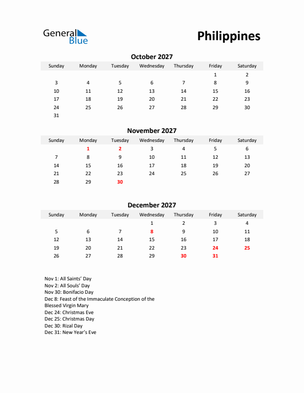 Printable Quarterly Calendar with Notes and Philippines Holidays- Q4 of 2027