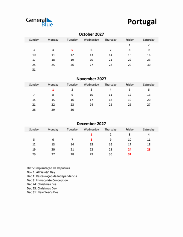 Printable Quarterly Calendar with Notes and Portugal Holidays- Q4 of 2027