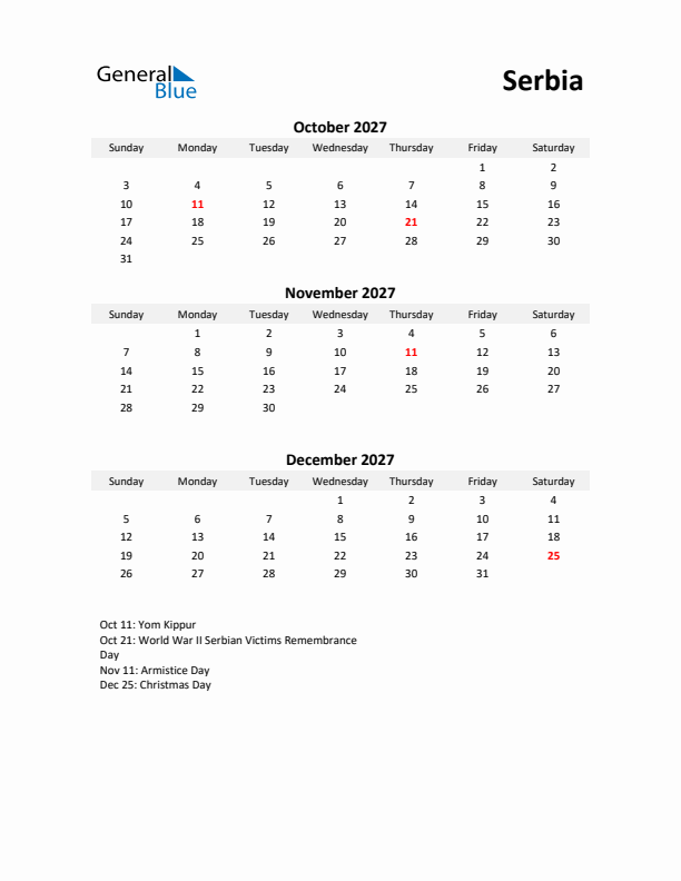 Printable Quarterly Calendar with Notes and Serbia Holidays- Q4 of 2027