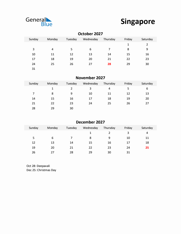 Printable Quarterly Calendar with Notes and Singapore Holidays- Q4 of 2027