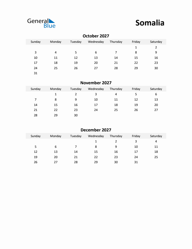 Printable Quarterly Calendar with Notes and Somalia Holidays- Q4 of 2027