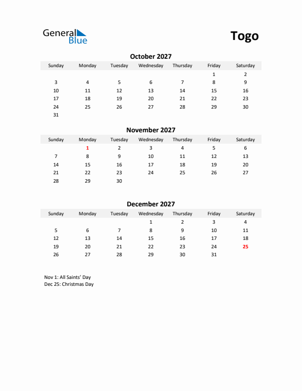 Printable Quarterly Calendar with Notes and Togo Holidays- Q4 of 2027