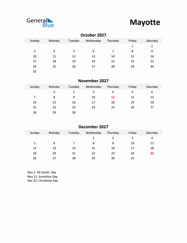 Printable Quarterly Calendar with Notes and Mayotte Holidays- Q4 of 2027