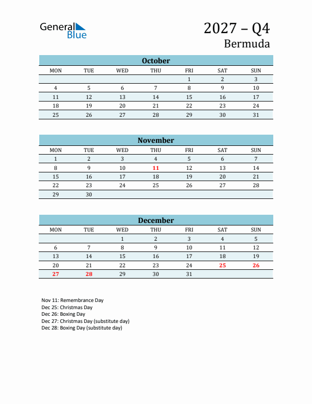 Three-Month Planner for Q4 2027 with Holidays - Bermuda