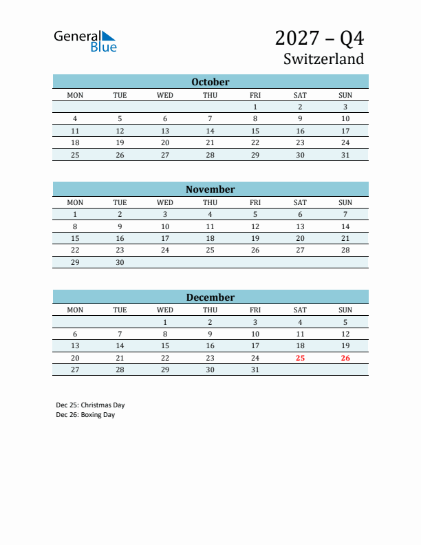 Three-Month Planner for Q4 2027 with Holidays - Switzerland